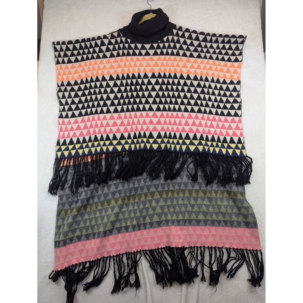 Mara Hoffman Poncho Sweater One Size Geometric Turtleneck Fringe Boho Oversized